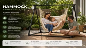 Family enjoying a hammock swing and stand in a cozy backyard setting