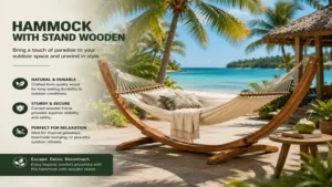 hammock with stand wooden in a tropical beach setting surrounded by palm trees and ocean views