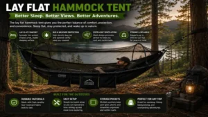 Lay flat hammock tent used at a scenic campsite for relaxing and restful outdoor sleeping