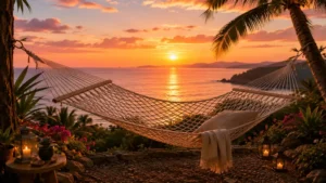 Scenic sunset landscape with a netted hammock overlooking the water