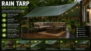 Rain tarp installed as a temporary backyard canopy to provide shade and rain protection.