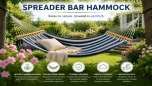 spreader bar hammock in a garden setting surrounded by greenery and flowers
