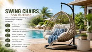 Comfortable swing chairs for outside placed near a poolside for summer relaxation