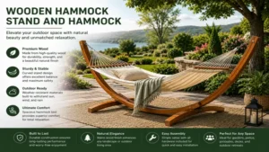 wooden hammock stand and hammock enhancing a landscaped outdoor living area with garden views