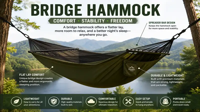 Bridge hammock suspended outdoors with a spreader bar design for enhanced comfort and stability