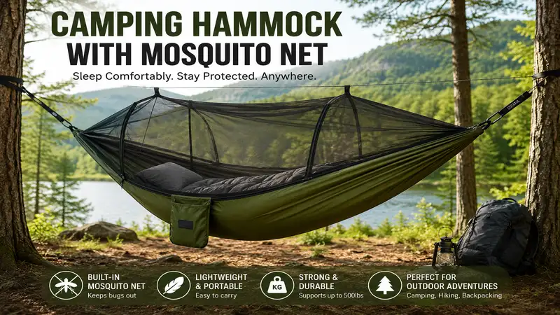 camping hammock with mosquito net set up in a peaceful forest campsite for bug-free outdoor sleeping.