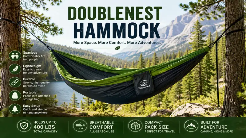 Doublenest hammock set up outdoors between two trees for comfortable camping and relaxing.