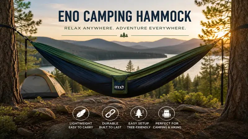 ENO camping hammock hanging between two trees at a scenic campsite during sunset