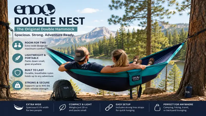 Eno double nest hammock set up between two trees for comfortable outdoor relaxation