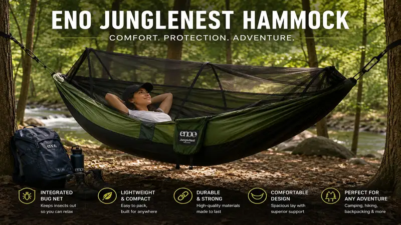 Eno junglenest hammock suspended between trees with an integrated bug net in a forest campsite