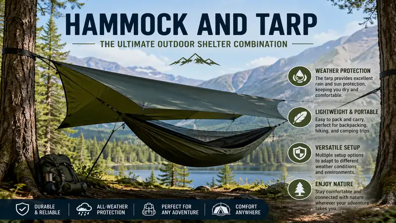 Hammock and tarp camping setup in a forest providing comfortable shelter and weather protection.