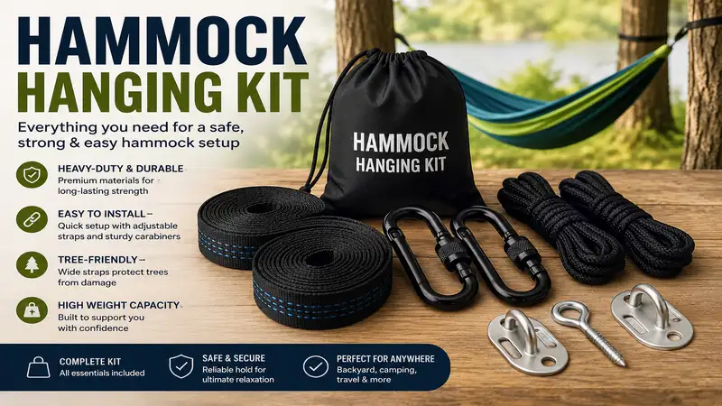 hammock hanging kit with heavy-duty straps, locking carabiners, and durable mounting hardware