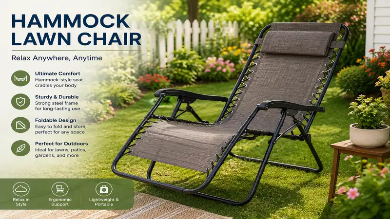 Comfortable hammock lawn chair in a peaceful backyard garden for relaxing outdoors.