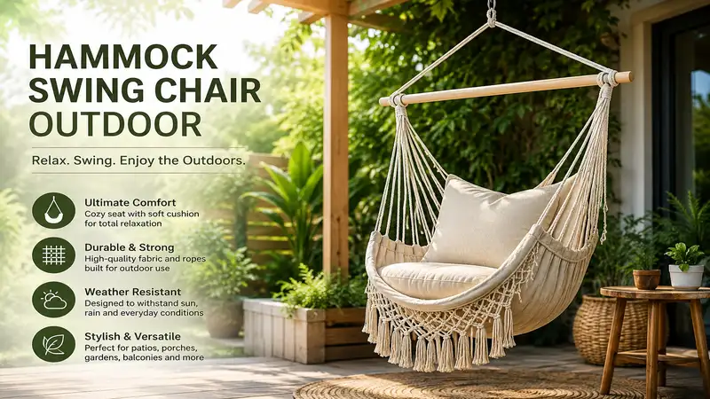 Comfortable hammock swing chair outdoor on a modern patio surrounded by lush greenery and natural sunlight.