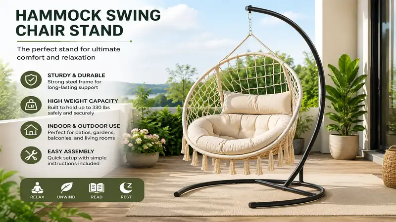 Hammock swing chair stand for comfortable indoor and outdoor relaxation with a durable freestanding frame.