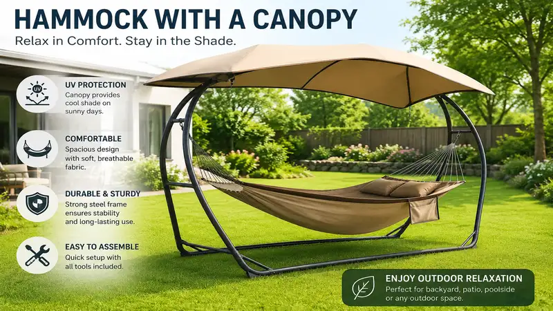 Hammock with a canopy in a peaceful backyard providing comfortable shade for outdoor relaxation.