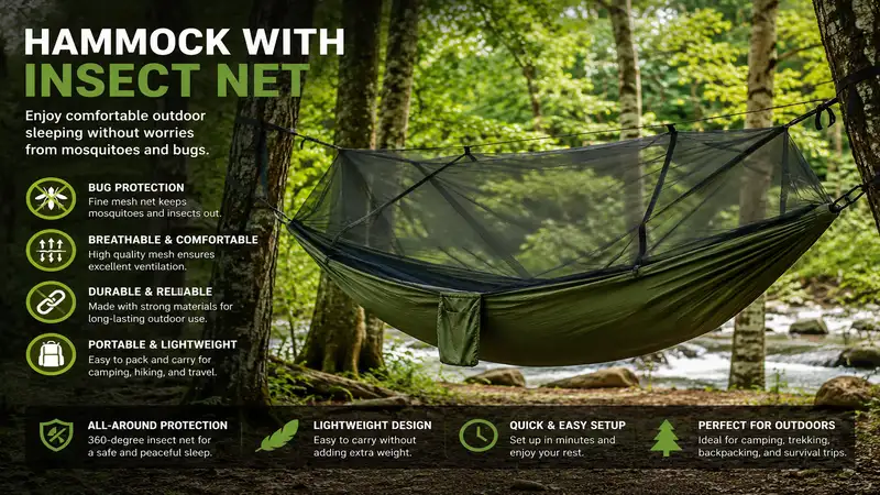 Hammock with insect net suspended between trees, providing comfortable outdoor sleeping protection from mosquitoes and bugs