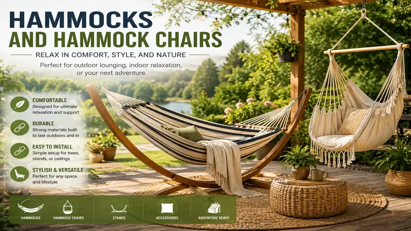 Hammocks and hammock chairs displayed in a relaxing outdoor garden with stylish and comfortable seating options