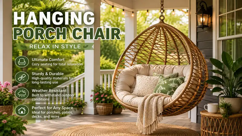 Stylish hanging porch chair on a cozy front porch with comfortable cushions