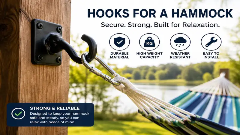 Durable hooks for a hammock securely installed for safe and comfortable outdoor relaxation.
