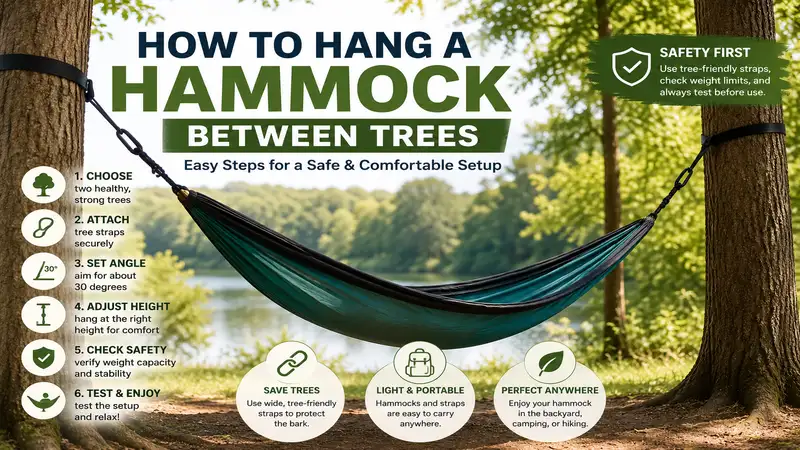 How to hang a hammock between trees safely with proper straps and spacing for a comfortable setup.