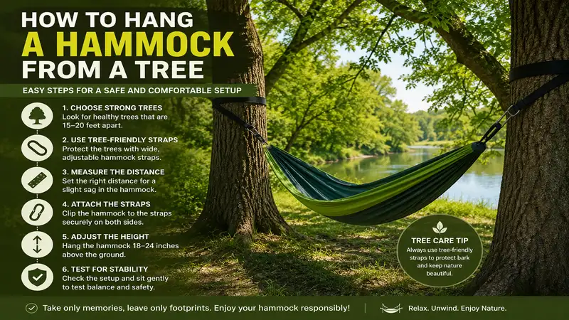 How to hang a hammock from a tree safely using proper straps and anchor points