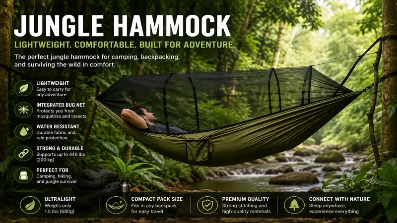 jungle hammock suspended between tropical trees with an integrated bug net, ideal for lightweight outdoor camping and backpacking.
