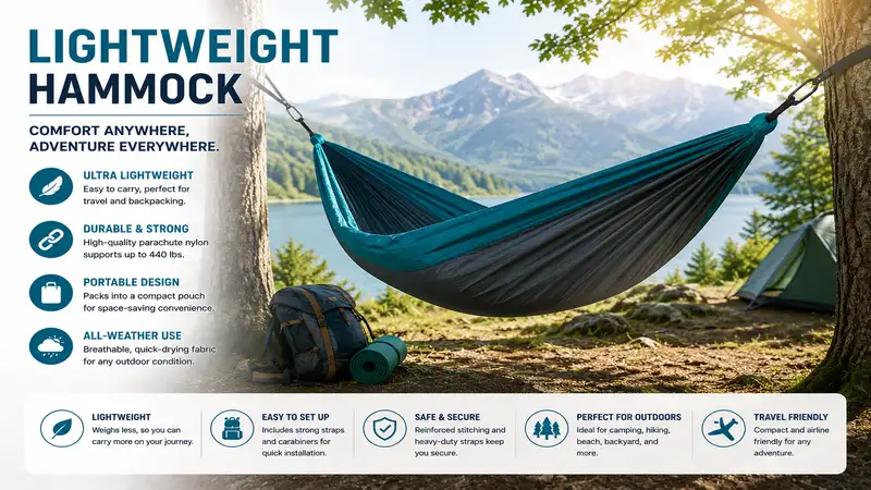 Lightweight hammock suspended between trees at a campsite, offering comfort and portability for outdoor adventures