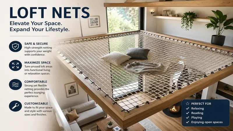 Loft nets installed in a modern home creating a safe and functional elevated relaxation space.
