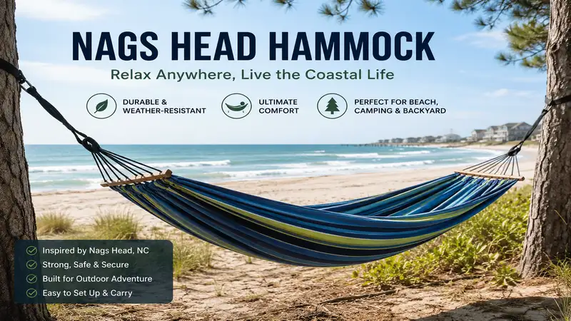 nags head hammock hanging between two trees on a peaceful beach with beautiful coastal scenery