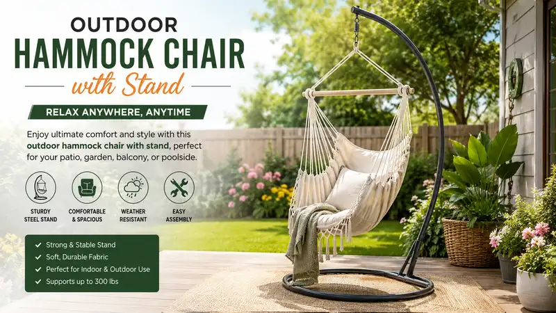 Outdoor hammock chair with stand placed in a relaxing backyard setting surrounded by greenery