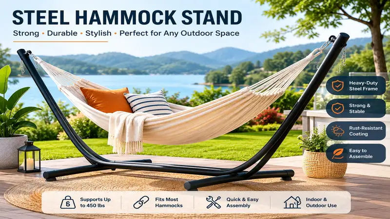 Steel hammock stand supporting a comfortable hammock in a relaxing outdoor setting