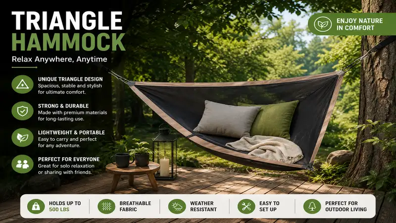 triangle hammock suspended outdoors, providing a comfortable and stylish relaxation space