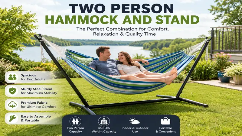 two person hammock and stand in a peaceful backyard with a sturdy metal frame for comfortable outdoor relaxation.