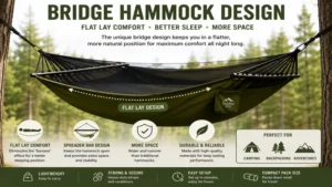 Bridge hammock featuring a flat lay design that provides a more comfortable sleeping position