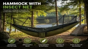 Hammock with insect net set up at a campsite for safe and comfortable overnight outdoor use