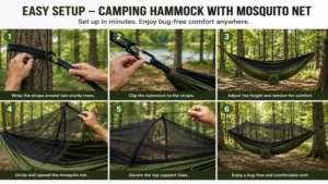 Easy setup of a camping hammock with mosquito net between two sturdy trees.