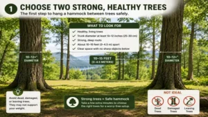 Choosing two healthy trees is the first step in how to hang a hammock between trees correctly.