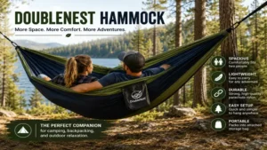 Doublenest hammock providing a spacious and comfortable sleeping setup for camping adventures.