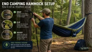 ENO camping hammock setup with tree straps showing the correct installation process