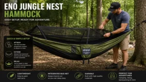 Eno junglenest hammock being set up between two trees for a comfortable outdoor camping experience