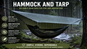 Hammock and tarp configured as a reliable rain shelter for outdoor camping adventures.
