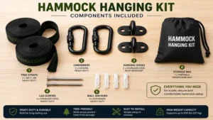 hammock hanging kit components including tree straps, carabiners, hooks, and mounting hardware