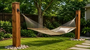 Hammock posts made from durable wood providing strong support for a backyard hammock
