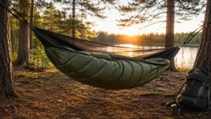 hammock sleeping bag hanging between trees at a forest campsite near a lake