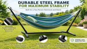 Durable steel frame supporting a two person hammock and stand for maximum stability outdoors.