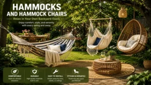 Hammocks and hammock chairs arranged in a backyard garden for relaxing and enjoying the outdoors