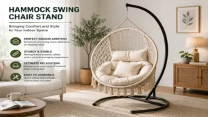 Hammock swing chair stand supporting a hanging chair in a cozy indoor living room.
