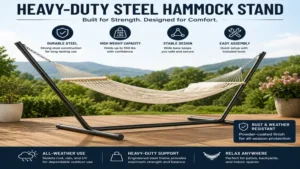 Heavy-duty steel hammock stand designed for stability and long-lasting outdoor use