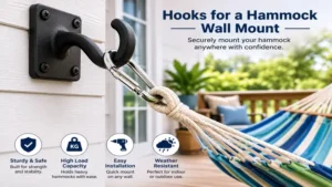 Heavy-duty hooks for a hammock mounted on a sturdy wall for reliable support.